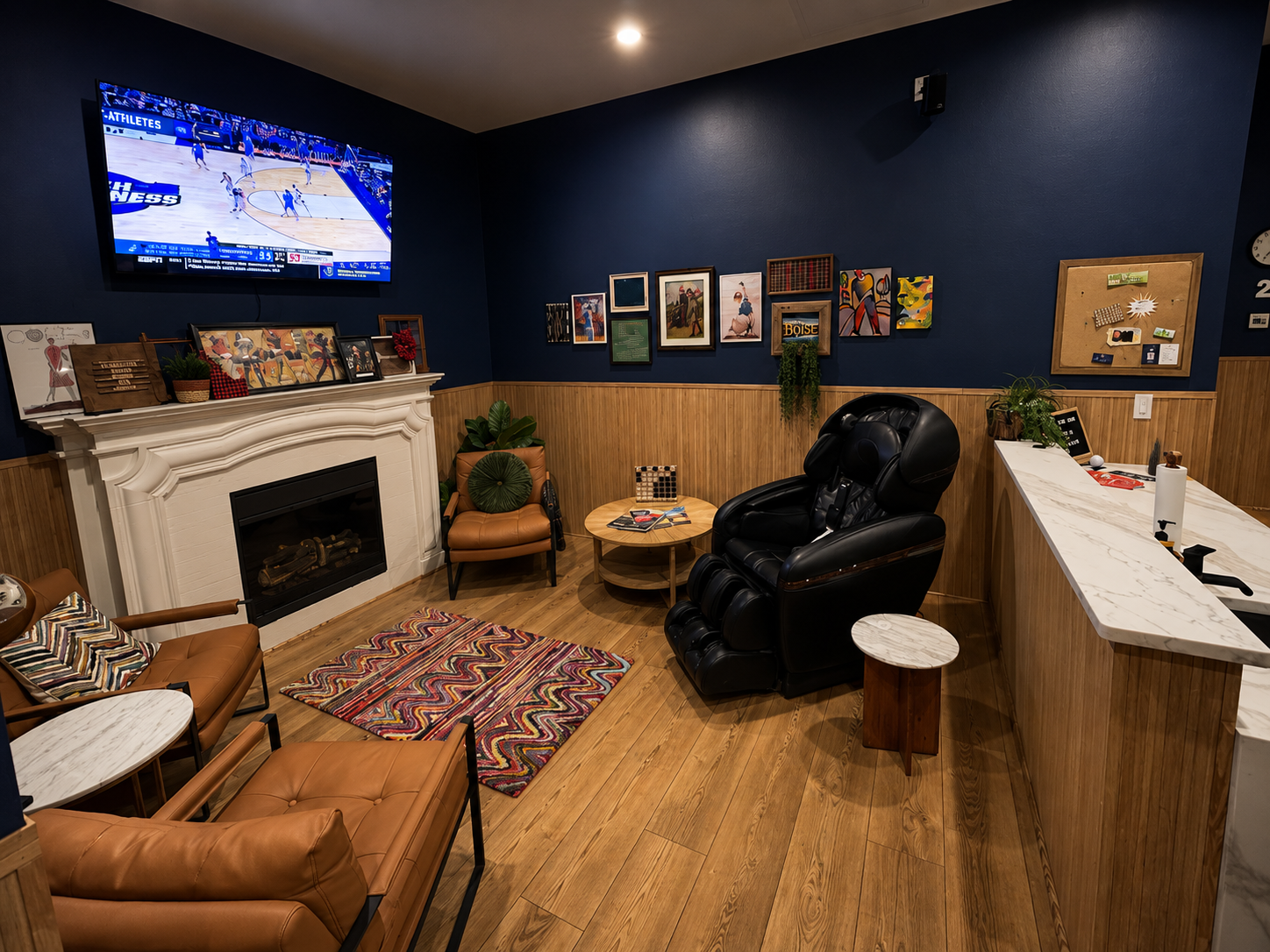 Premium lounge seating area inside TrkHaus Golf Club private simulator bay Boise Idaho