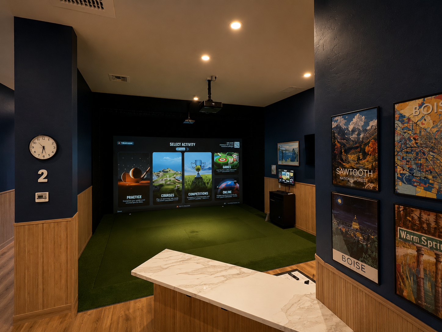 Large 4K hitting screen TrackMan simulator at TrkHaus Golf Club Boise Idaho
