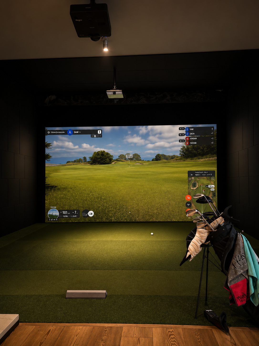 Large 4K hitting screen Trackman simulator at TrkHaus Golf Club Boise Idaho